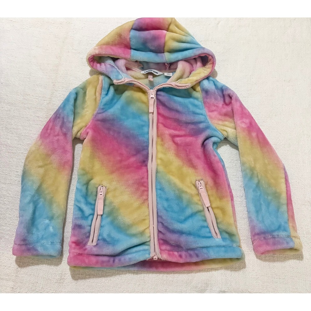 Lands End Girls Rainbow Tie Dye Fleece Hoodie Full Zip Jacket Size S 6-7